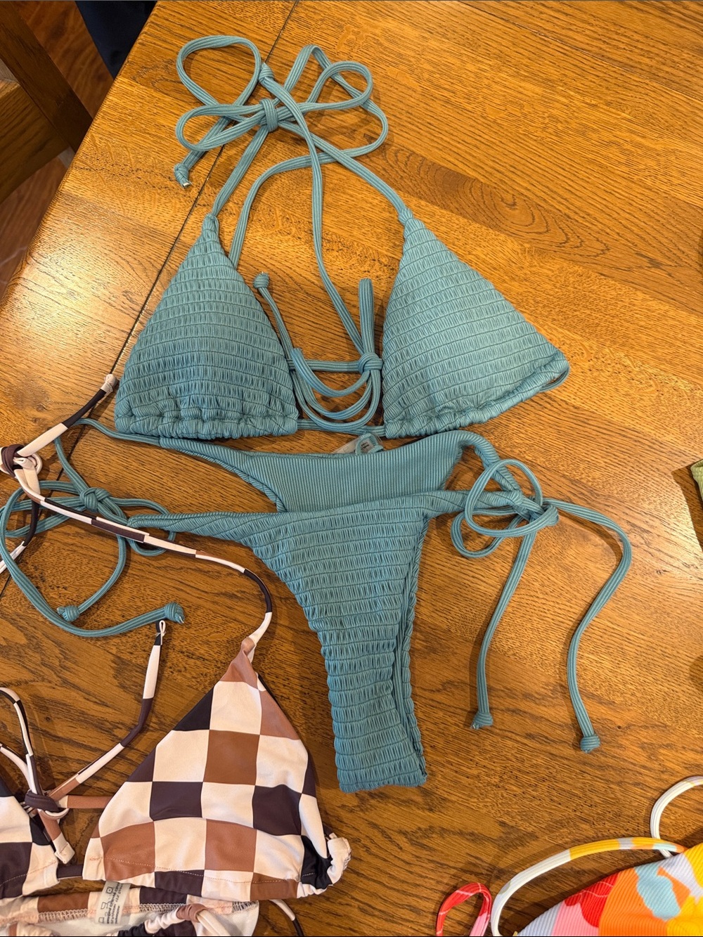 Zaful Size Small Bikinis - pink checkerboard, bright floral print, green & blue - Picture 2 of 5
